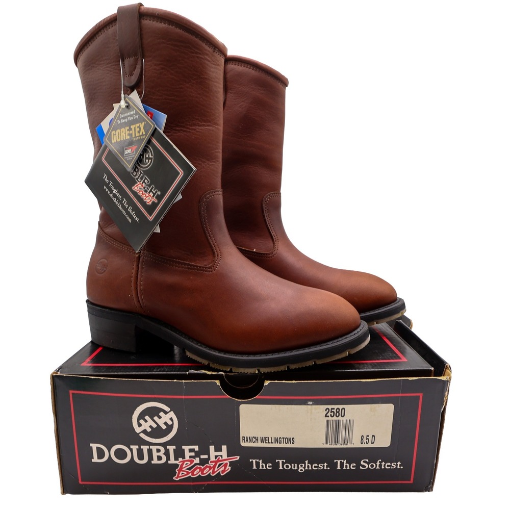 Double-H Ranch Wellington Boots Mens 8.5 D Brown Leather Gore-Tex NWT 2580